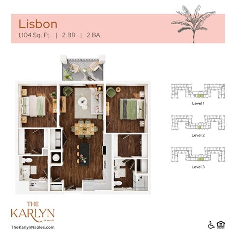 Floor plan for 2 beds, 2 baths, 1104 sqft